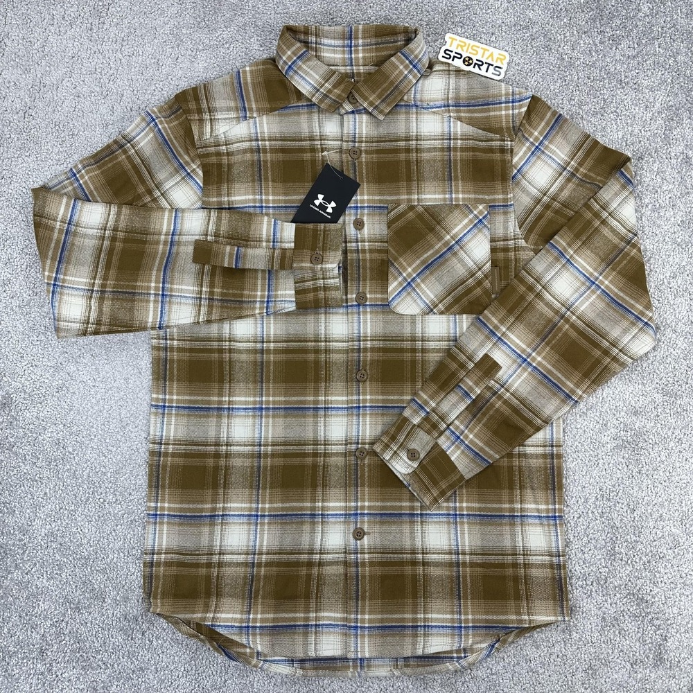 Under Armour Shirt Mens Small Brown Plaid UA Expanse Flannel Long Sleeve Button